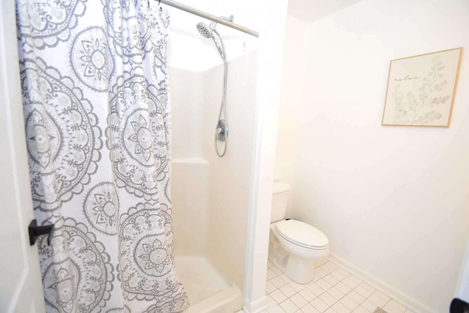Een badkamer met douche, toilet en een kunstwerk in een lijst aan de muur.