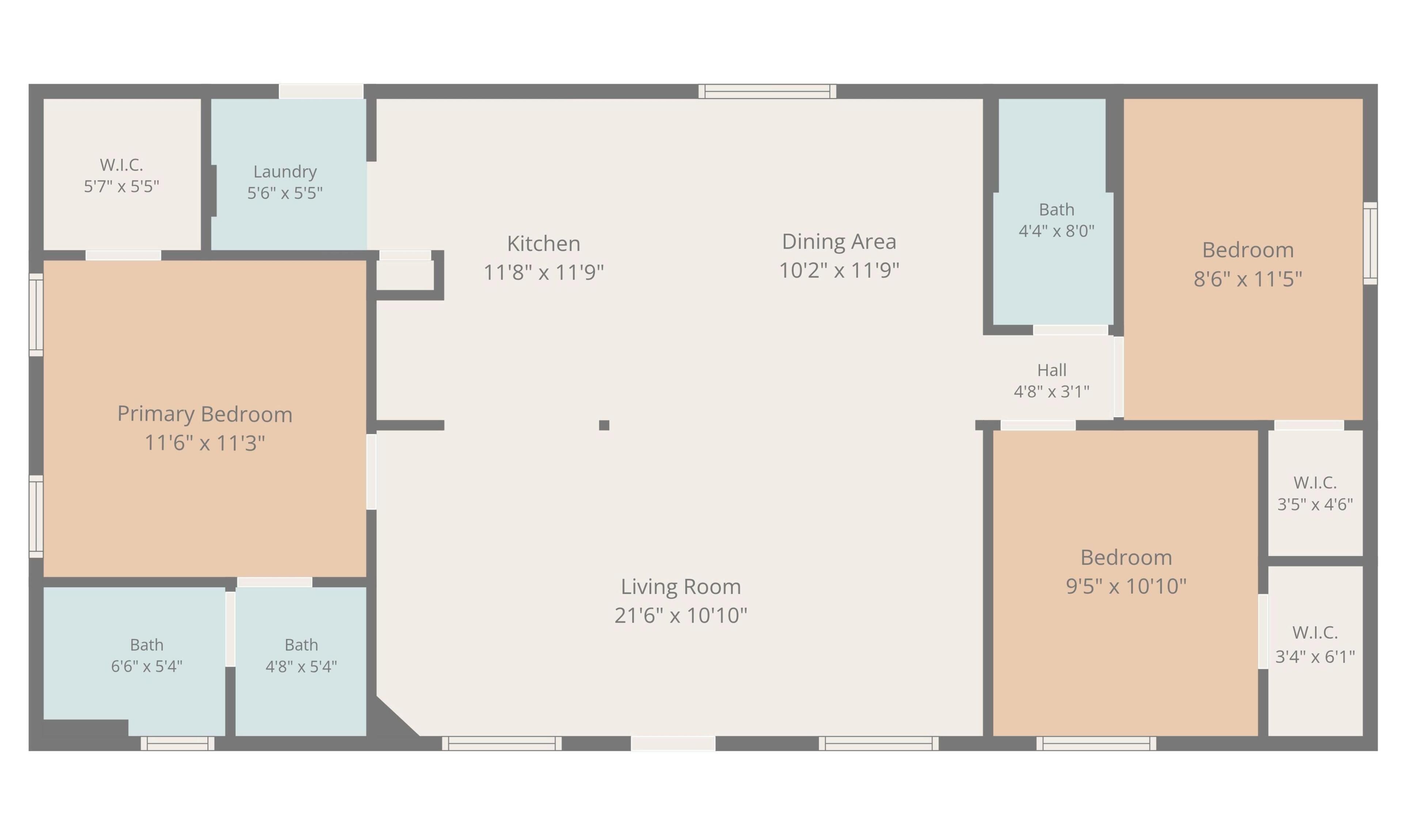 Ein Grundriss mit Hauptschlafzimmer, Wohnzimmer, Küche, Essbereich, zwei Schlafzimmern, zwei Bädern und einem Hauswirtschaftsraum.