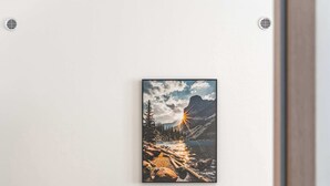 Ein modernes Wohnzimmer mit einem grauen Sofa, einem gerahmten Landschaftsbild und einer weißen Wand.