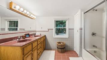 Hair dryer, towels, soap, shampoo