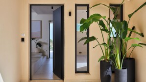 Een hal met een deur naar een trap, drie grote potplanten en een lichtschakelaar aan de muur.