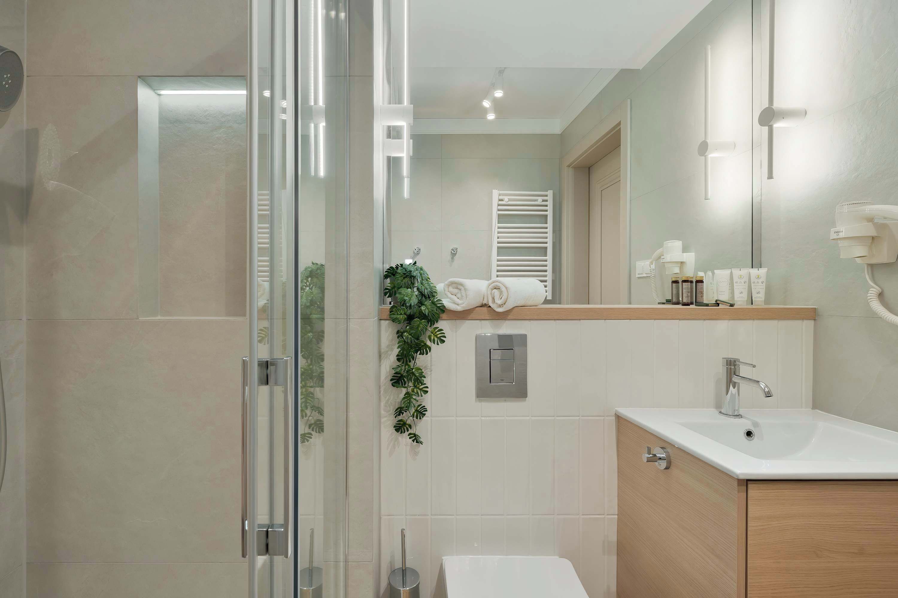 Shower, hair dryer, towels, shampoo