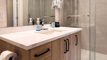 Hair dryer, towels, soap, shampoo