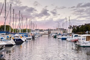Un port de plaisance où de nombreux bateaux sont amarrés, une surface d’eau calme et des bâtiments en arrière-plan.