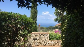 A stone wall, a metal fence, and a view of the sea. - Elba, Nisportino. Two-room apartment with a patio overlooking the sea. The Sea, Sunsets, and Tranquility (Toscana)