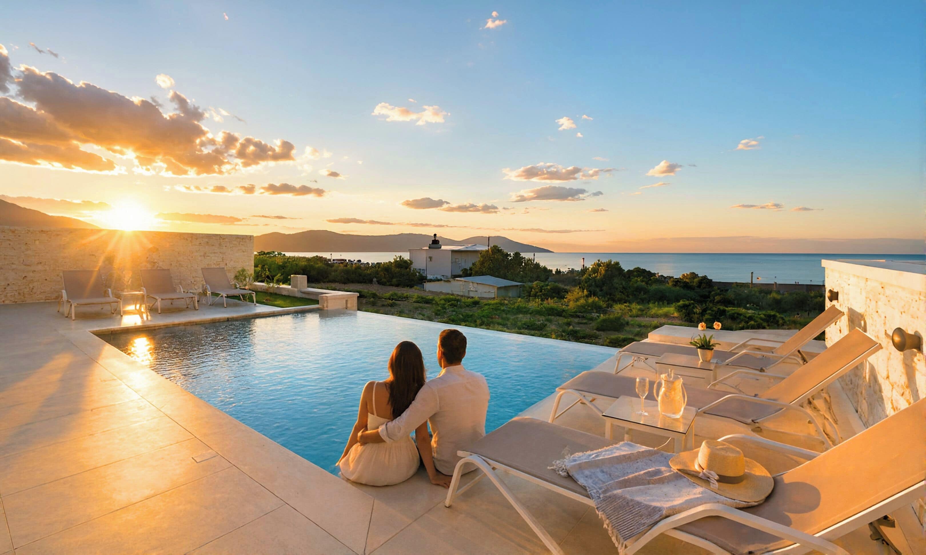 Una pareja sentada junto a una piscina con vistas al mar y a las montañas.
