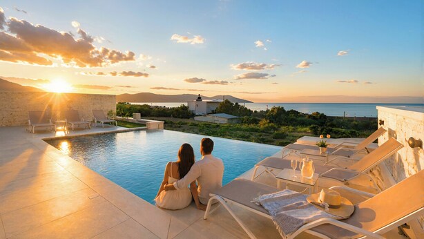 Ein Paar sitzt am Pool mit Blick auf das Meer und die Berge.