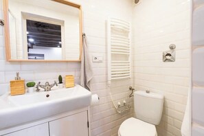 Chuveiro, secador de cabelo, toalhas de banho, sabonete