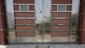 Un conjunto de puertas metálicas dobles con un escalón central que conduce a la entrada de un edificio.
