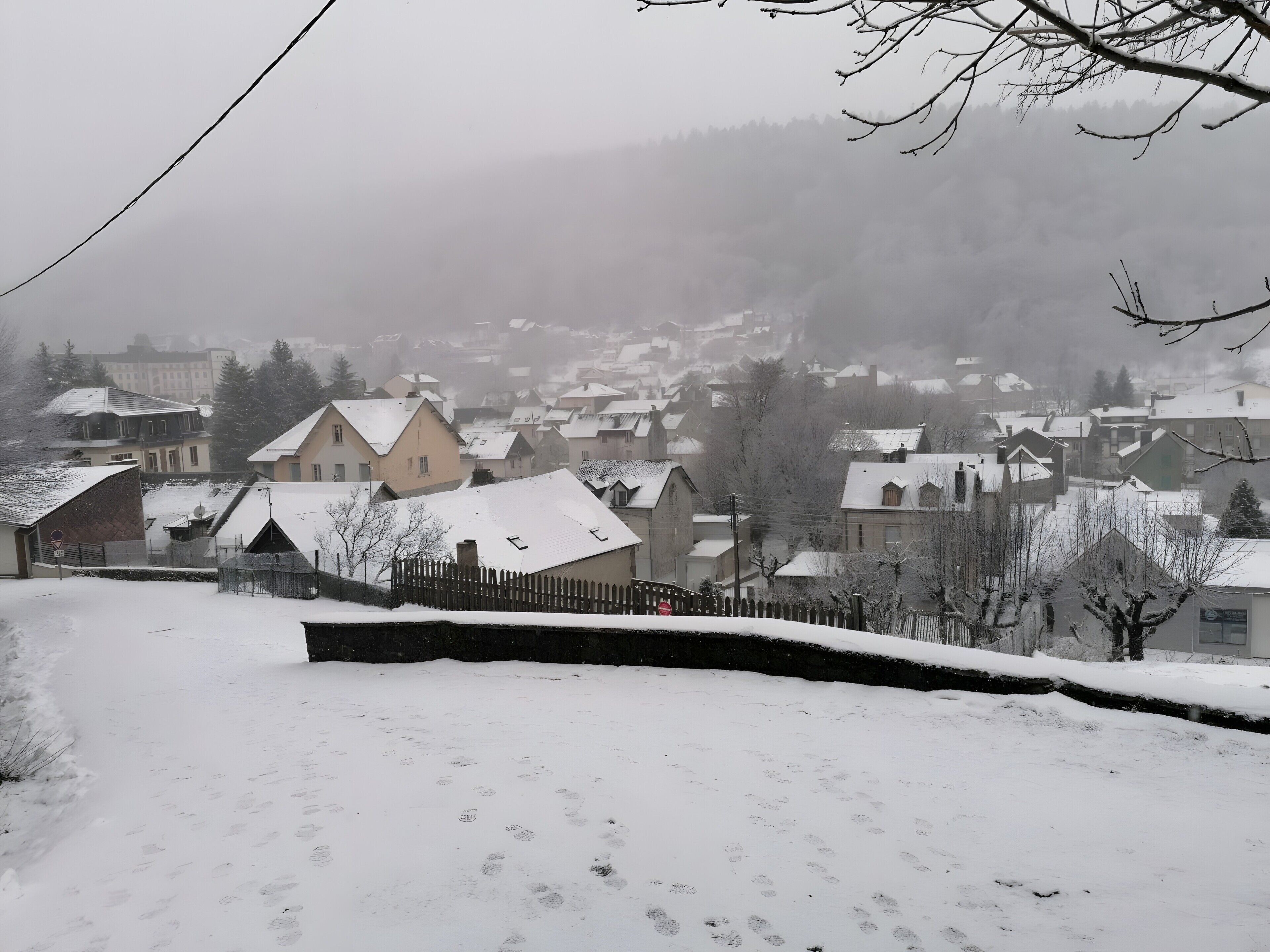 A snowy residential area with houses, a fence, and a road with footprints.