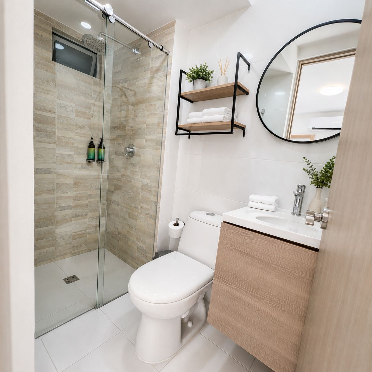 Un baño moderno con ducha de vidrio, inodoro blanco, tocador de madera y espejo redondo.