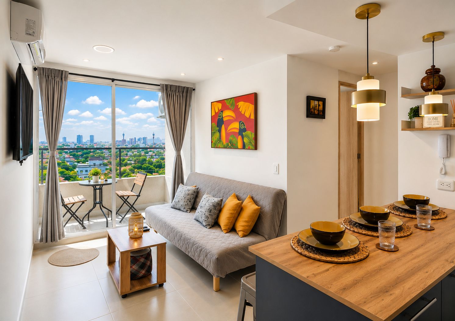 A modern living room with a sofa, dining table, and a city view through large windows.