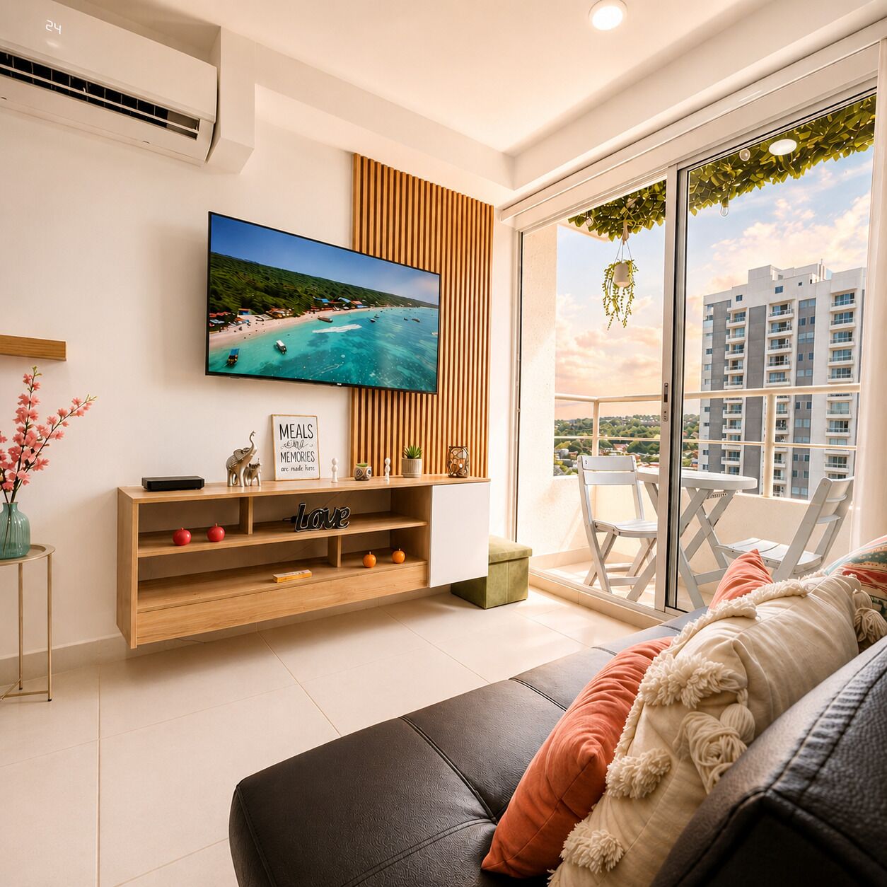 Premium Apartment, 3 Bedrooms, Pool Access, Partial Sea View | Living area | 55-inch Smart TV with cable channels, Netflix, streaming services