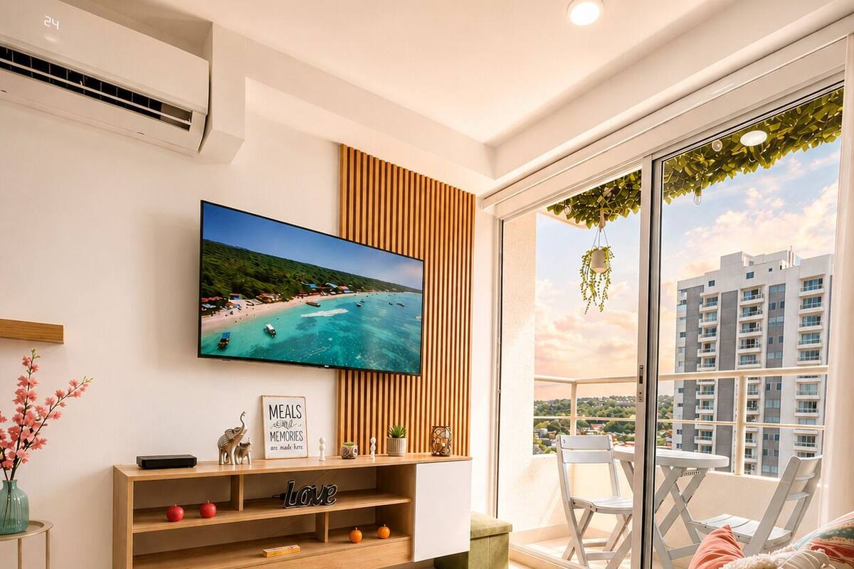 Premium Apartment, 3 Bedrooms, Pool Access, Partial Sea View | Living area | 55-inch Smart TV with cable channels, Netflix, streaming services