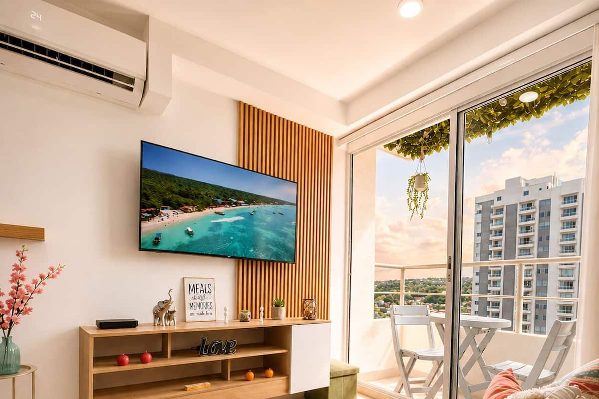 Premium Apartment, 3 Bedrooms, Pool Access, Partial Sea View | Living area | 55-inch Smart TV with cable channels, Netflix, streaming services