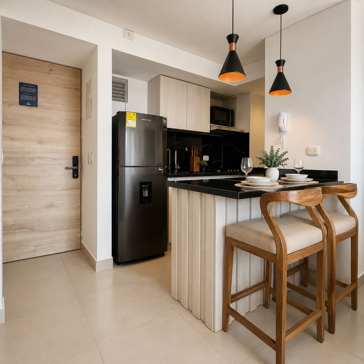 A modern kitchen with a black refrigerator, wooden cabinets, a black countertop, and two pendant lights.