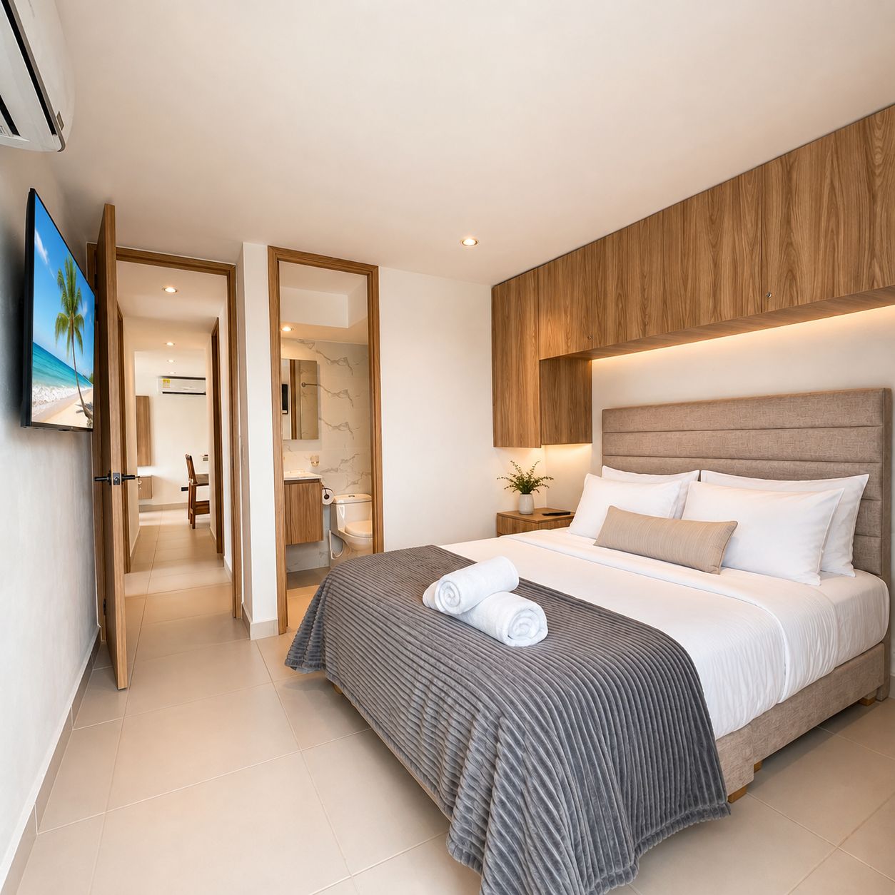 A modern hotel room with a large bed, a wooden headboard, a flat-screen TV, and a view of the beach.
