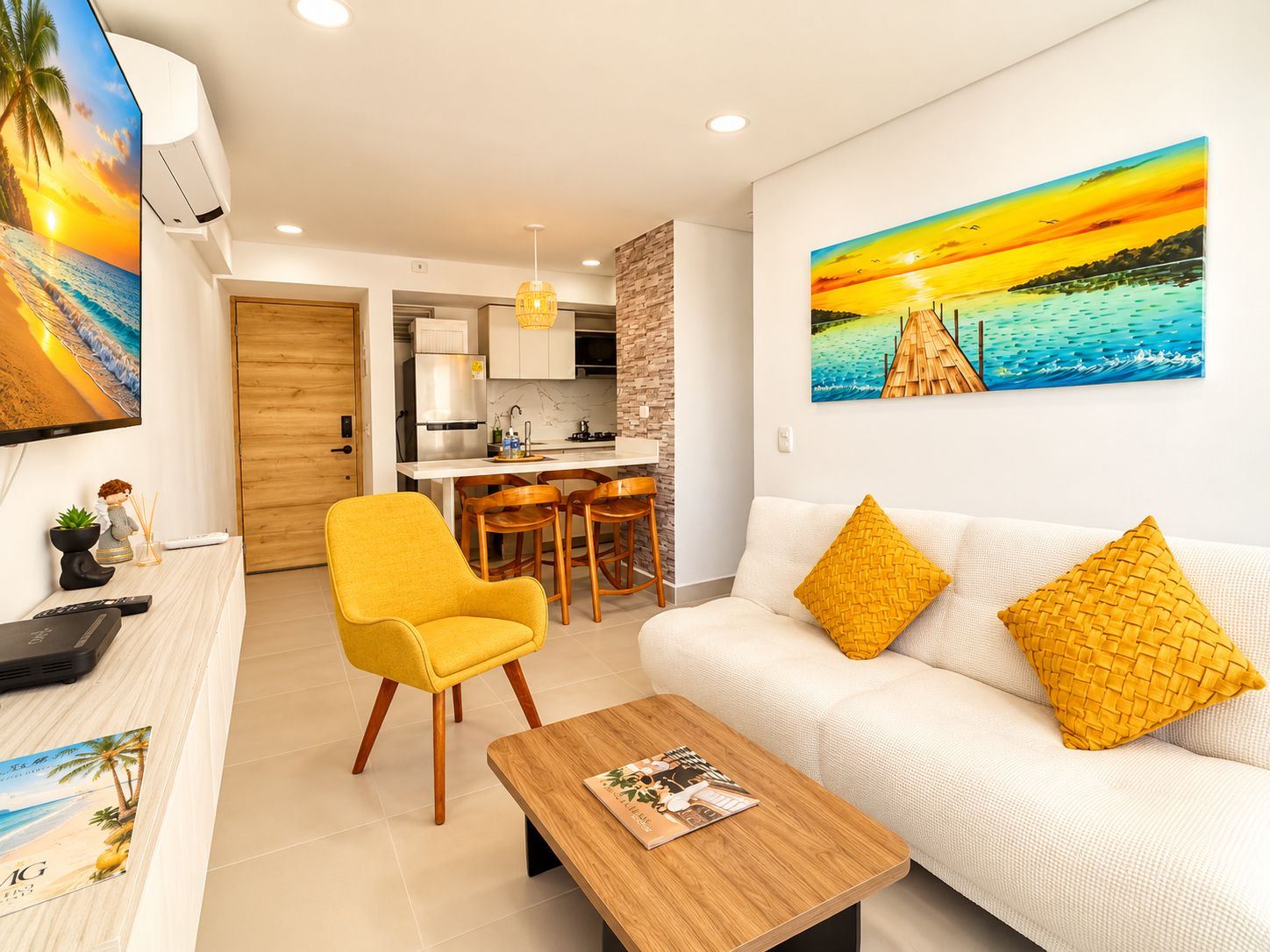 A modern living room with a sofa, yellow armchair, and a coffee table.