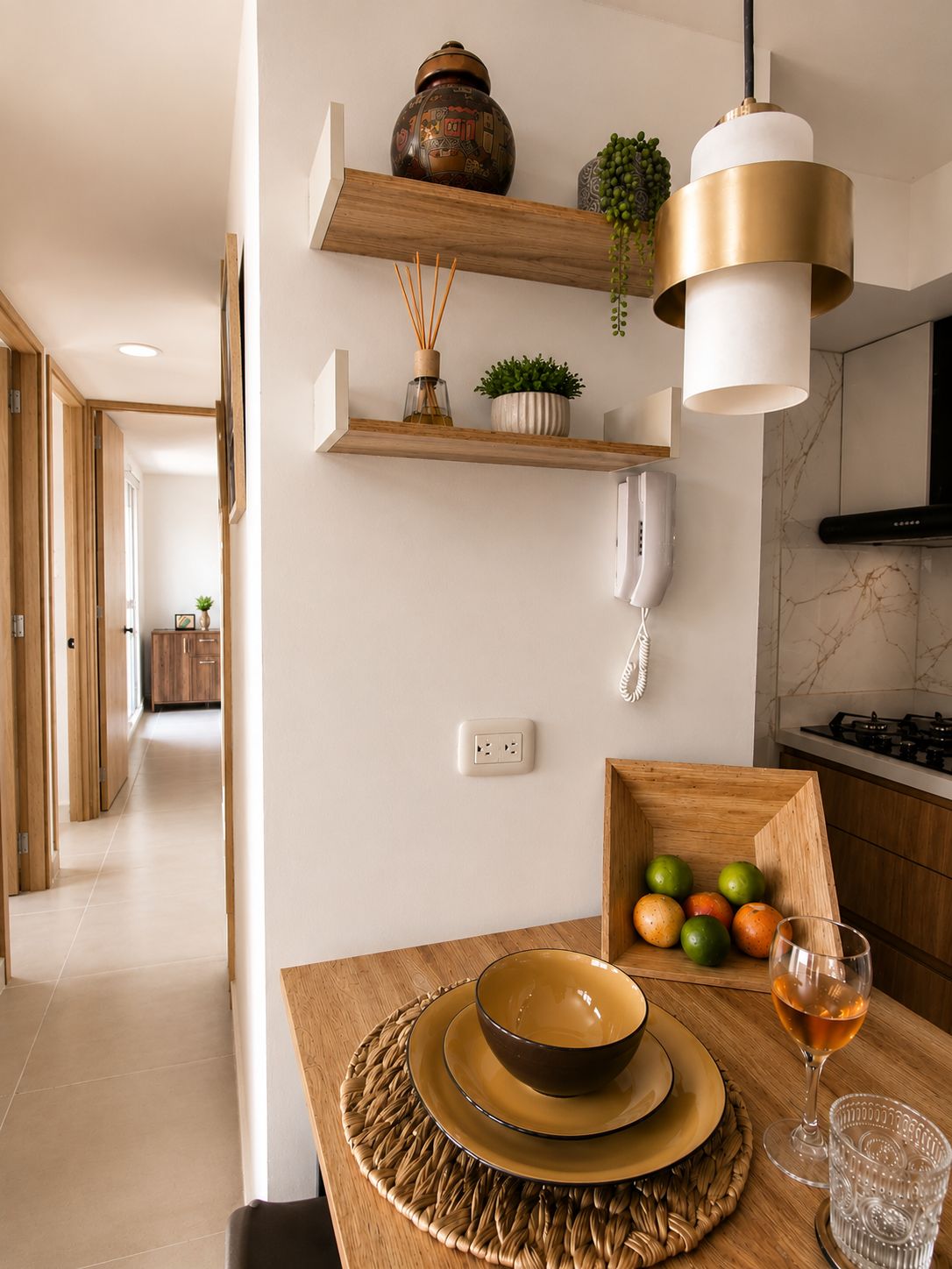 A modern kitchen with a wooden table, a hanging light fixture, and a wall-mounted phone.