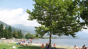 Ein Park am Seeufer, mit Menschen, die im Gras und am Wasser entspannen, ein großer Baum spendet Schatten, und im Hintergrund erhebt sich ein Berg.