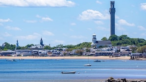 Eine Küstenstadt mit einem markanten Turm, ruhigem Wasser und Booten.