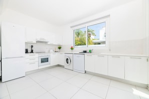 Eine moderne Küche mit weißen Schränken, integriertem Backofen, Waschmaschine und einem Fenster mit Blick auf Grünflächen.