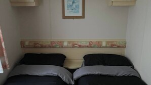 Een kamer met twee bedden, een ingelijst kunstwerk aan de muur en een decoratief hoofdeinde.