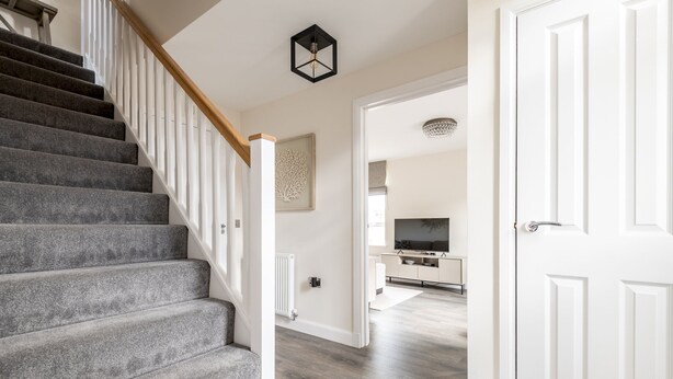 A staircase with carpeted steps, a white door, and a kitchen area with a countertop and cabinets. - Annie Paton Road (No 123) | St Andrews (St Andrews)