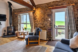 A cozy living room with a stone wall, a fireplace, a sofa, and a view of the outdoors. - Barn, Quinceborough Farm (Widemouth Bay)