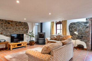 A cozy living room with a stone wall, a fireplace, a sofa, and a television. - Roost, Quinceborough Farm (Widemouth Bay)