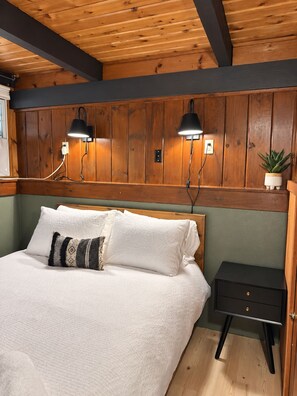 Een slaapkamer met een houten hoofdbord, twee wandlampen, een nachtkastje en een kleine potplant.