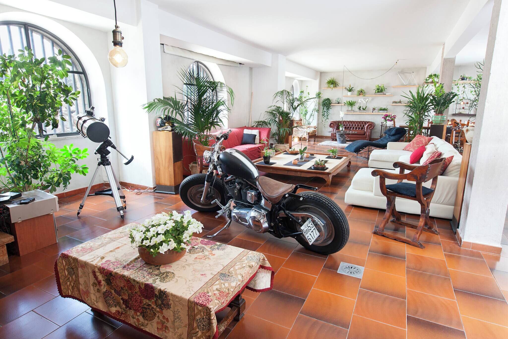 Un salon spacieux comprenant une moto, un canapé, une table basse et diverses plantes.
