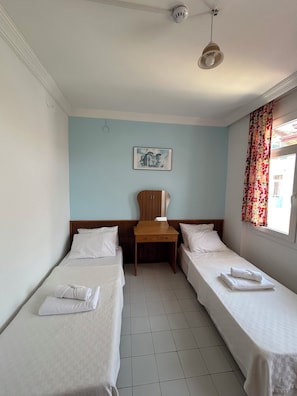 Une chambre d’hôtel avec deux lits simples, une table de chevet en bois, un ventilateur de plafond, une fenêtre avec des rideaux et un tableau accroché au mur.