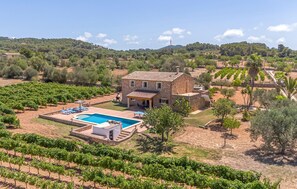 Eine Villa mit Swimmingpool, Weinberg und Steinstruktur.