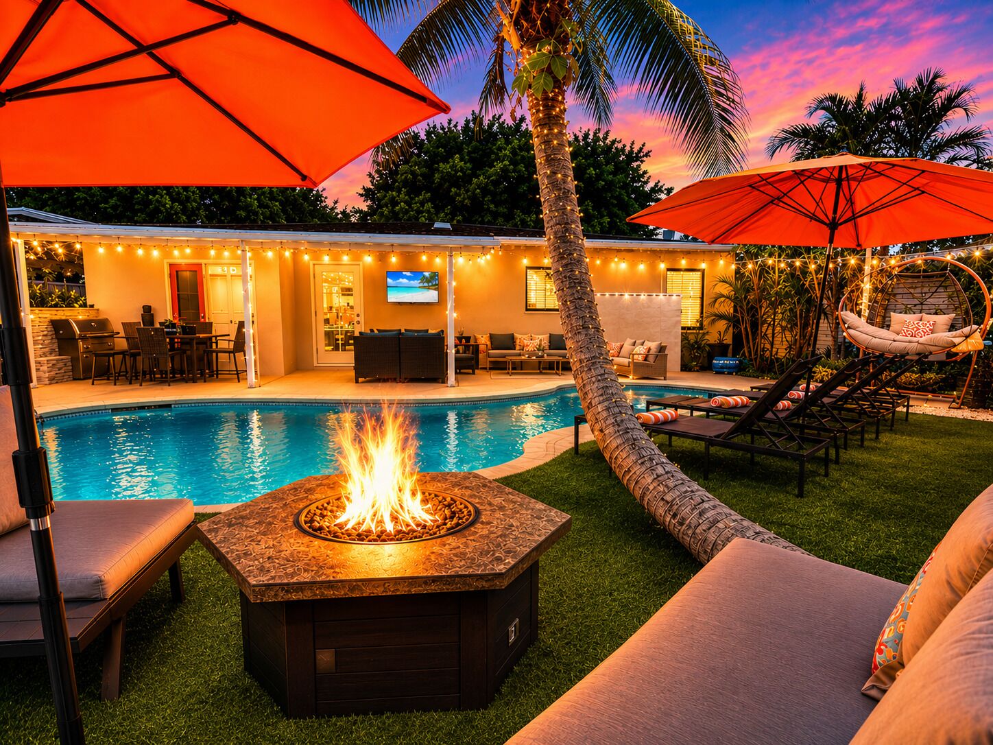 A backyard with a swimming pool, outdoor seating, and a fire pit.
