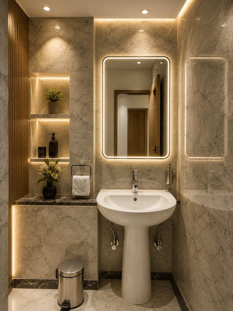 A modern bathroom with a pedestal sink, marble walls, and a mirror with integrated lighting.