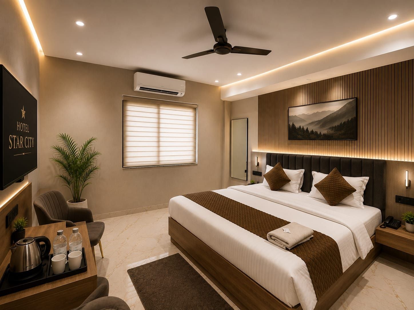 A modern hotel room with a large bed, a ceiling fan, an air conditioning unit, a television, a plant, a window with blinds, and a painting on the wall.