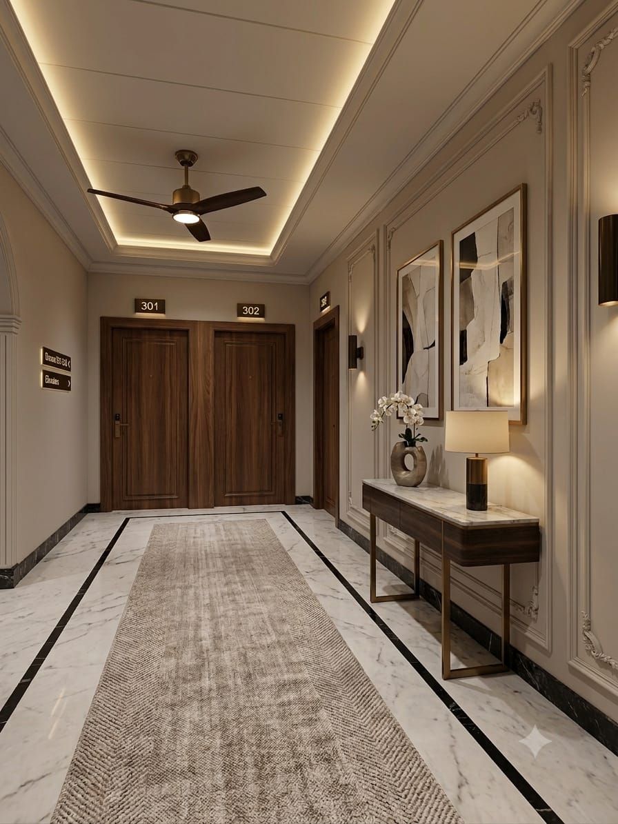 A hallway with a marble floor, a ceiling fan, wooden doors, a console table with a lamp, and framed artwork on the wall.