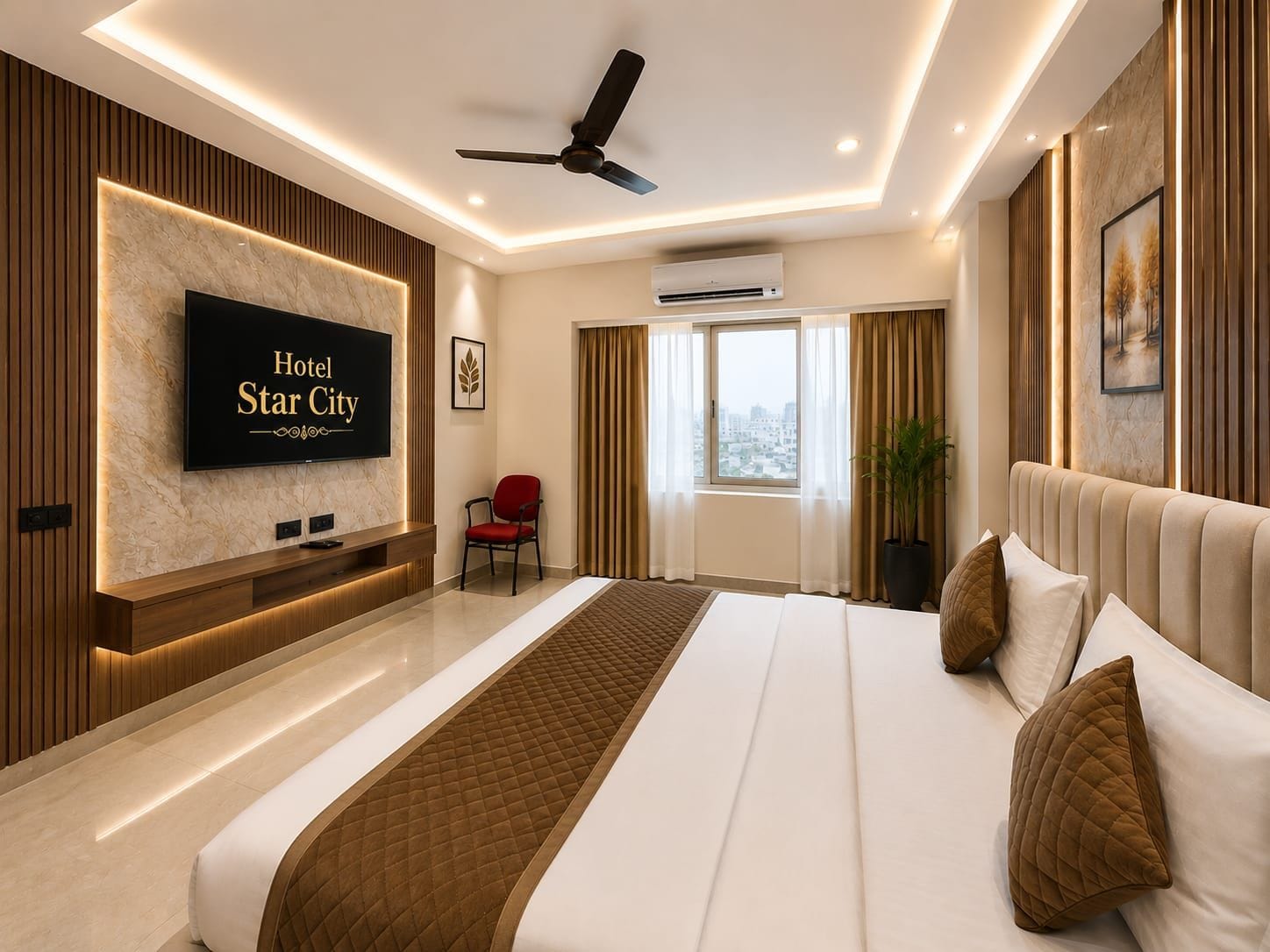 A hotel room with a large bed, a flat-screen TV mounted on a marble wall, a ceiling fan, and a window with curtains.