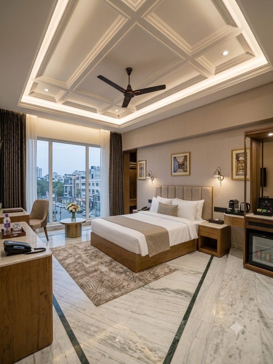 Habitación de hotel moderna con una cama grande, un escritorio, una silla, una máquina de café y vistas a la ciudad.