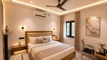 A modern bedroom with a large bed, bedside tables, a ceiling fan, an air conditioning unit, and a window with curtains.