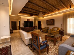 A living room with a sofa, armchairs, a coffee table, a TV, and a patterned rug.