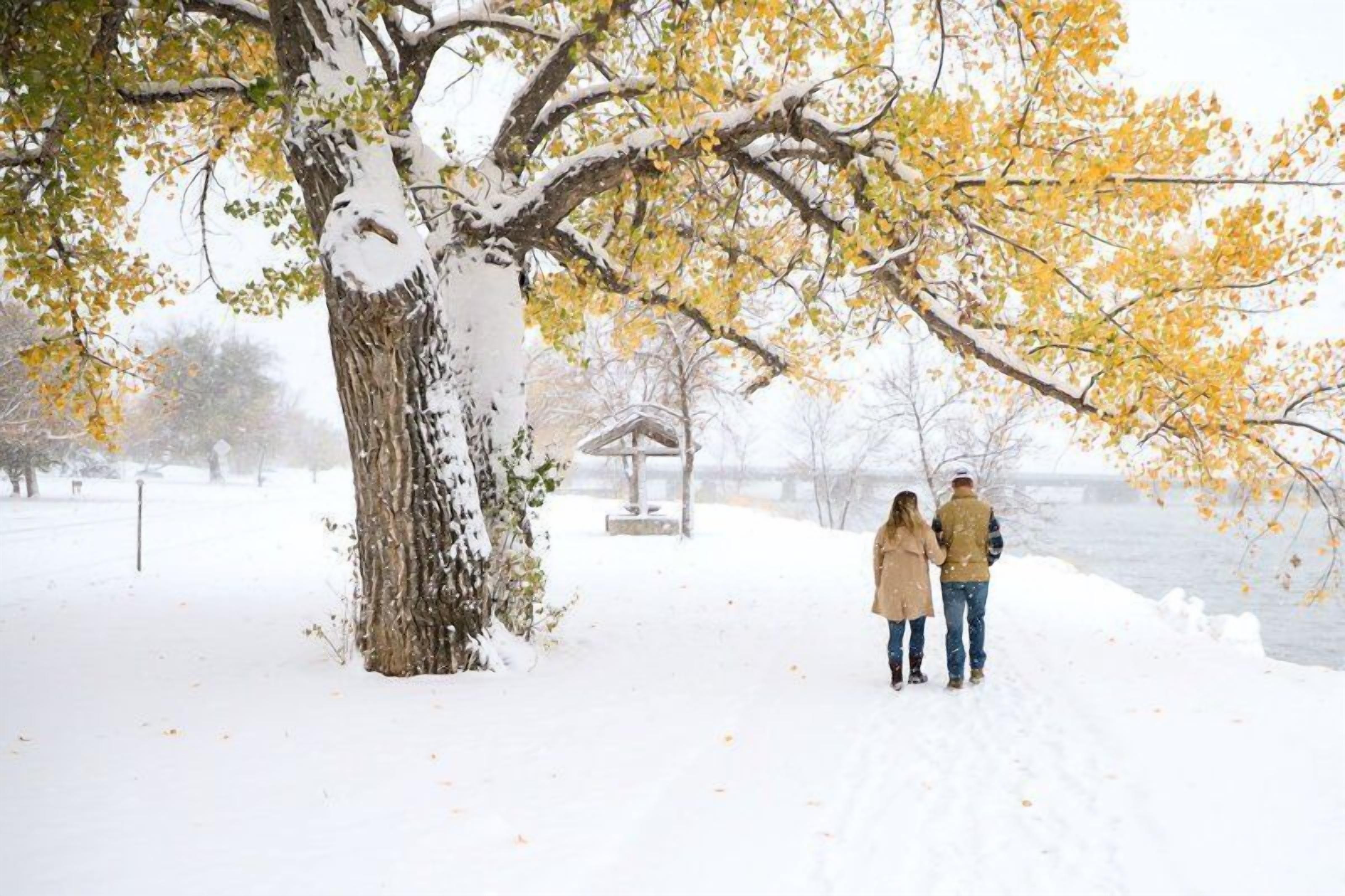 A snowy park with a couple walking, a gazebo, and a river.