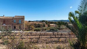 A vineyard with a brick building, rows of grapevines, and distant hills. - Vineyard-View Country House with BBQ & Fireplace (El Pla del Penedès)