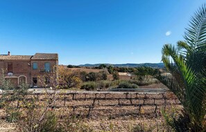 A vineyard with a brick building, rows of grapevines, and distant hills. - Country House with Vineyard Views, BBQ & Fireplace (El Pla del Penedès)