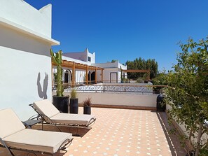 Eine Dachterrasse mit Liegestühlen, Kübelpflanzen und einer Holzpergola.