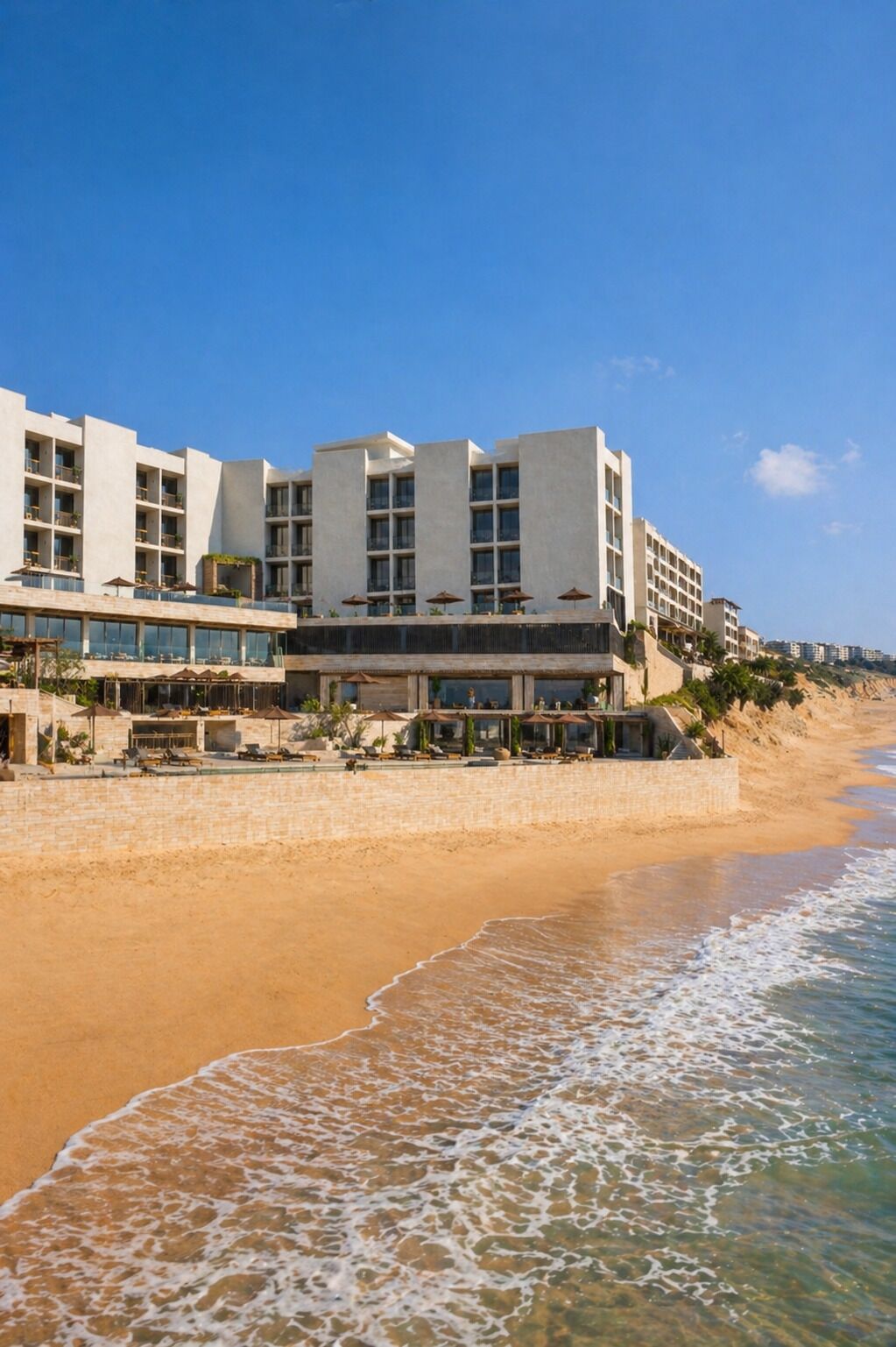 A beachfront hotel with multiple floors, outdoor seating, and a pool.