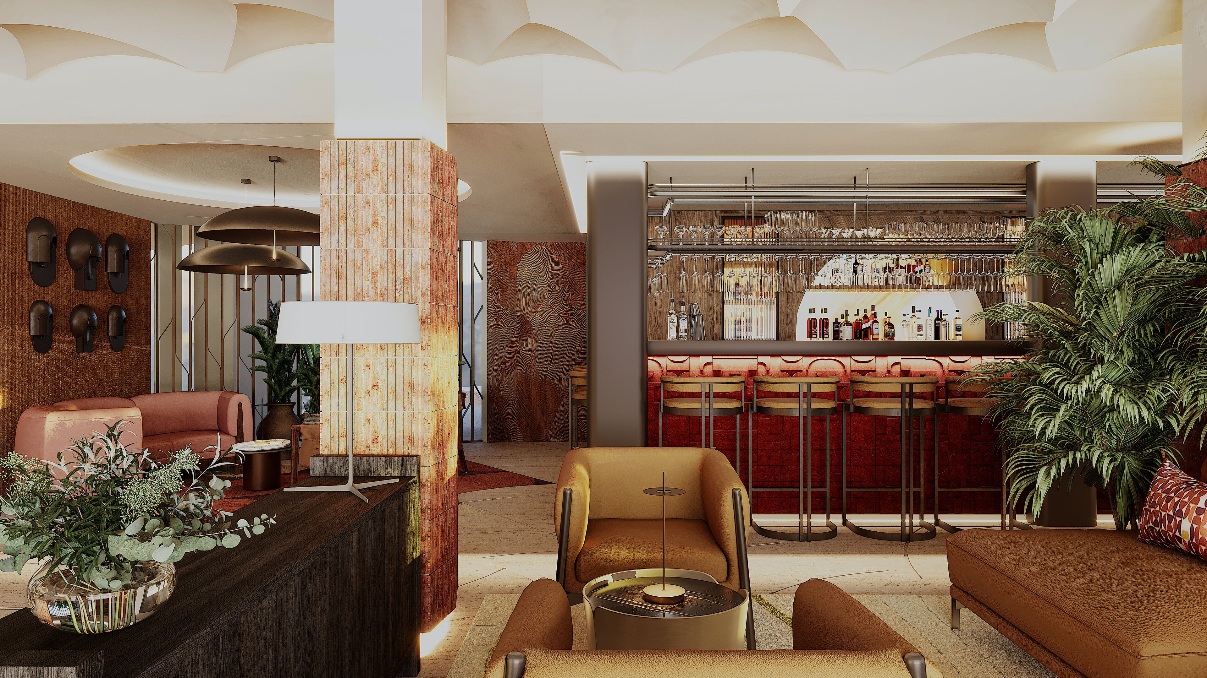 Eine moderne Lobby mit Bar, Sitzgelegenheiten und einer großen Pflanze.