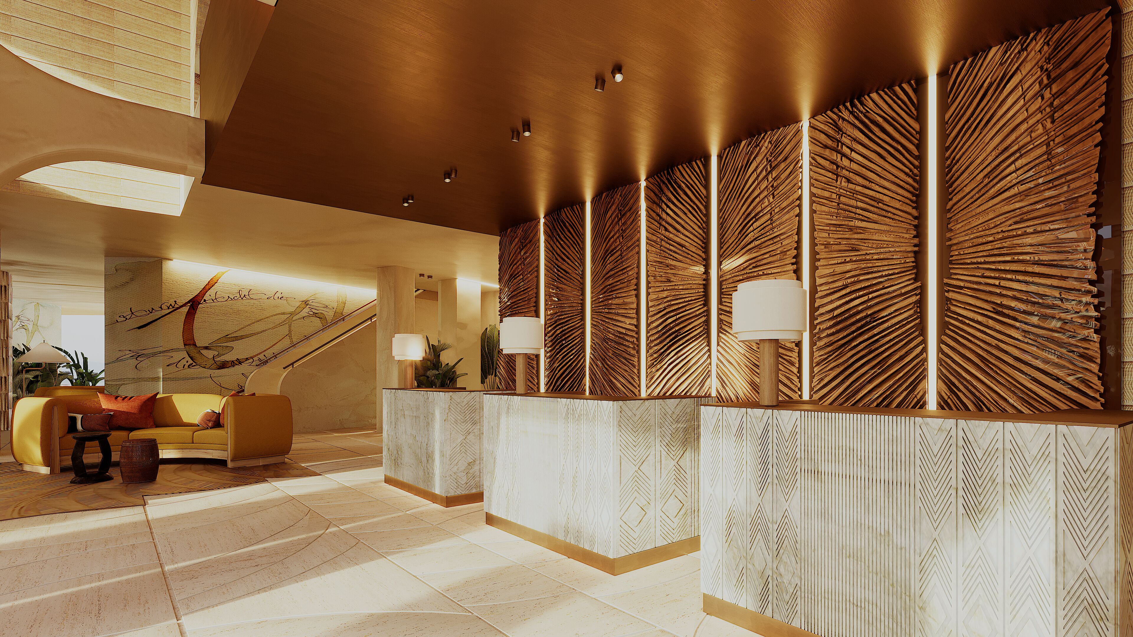 A lobby with a reception desk, a sofa, and a staircase.