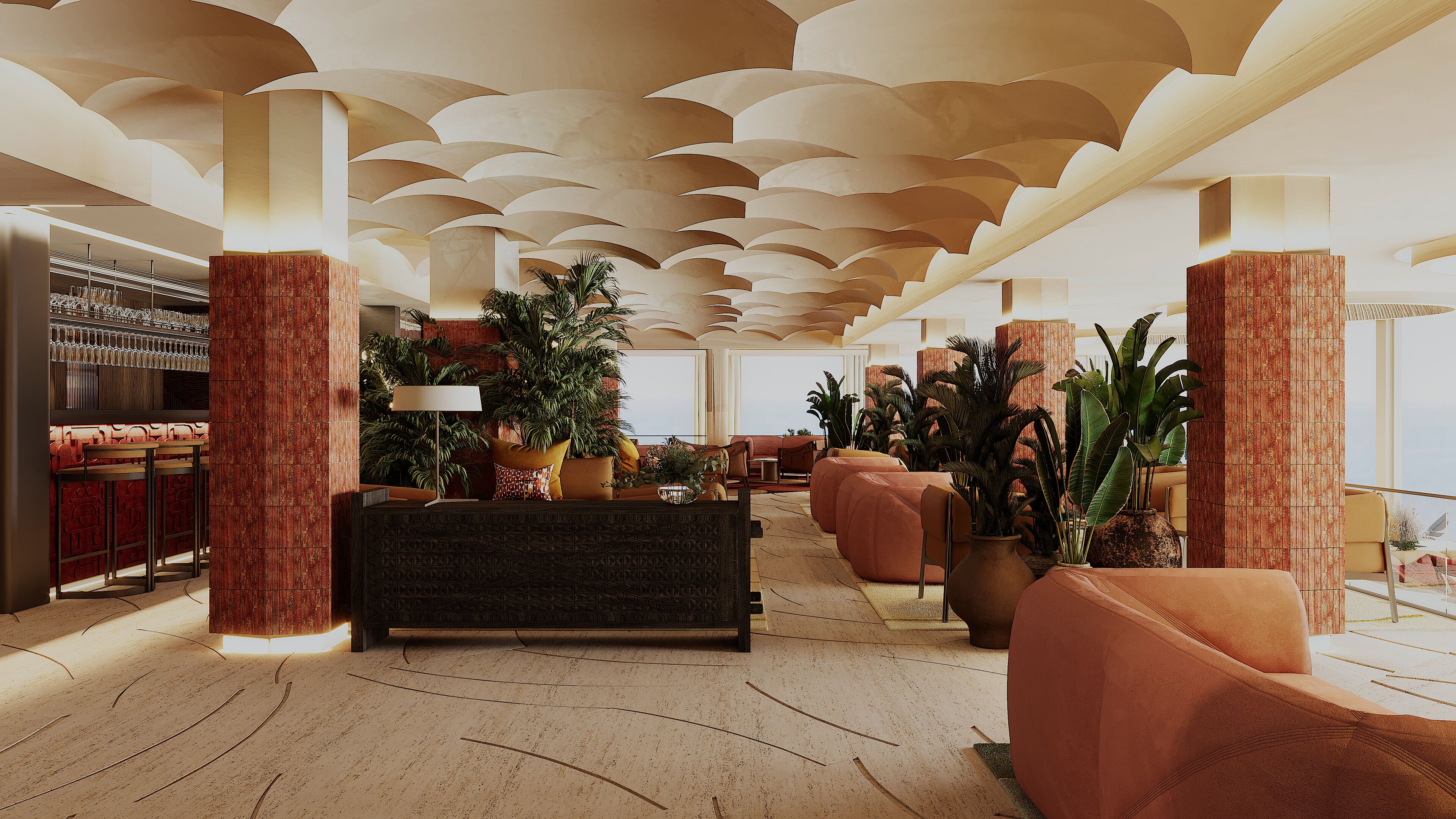 A spacious lobby with a high ceiling, large columns, and a variety of seating arrangements.
